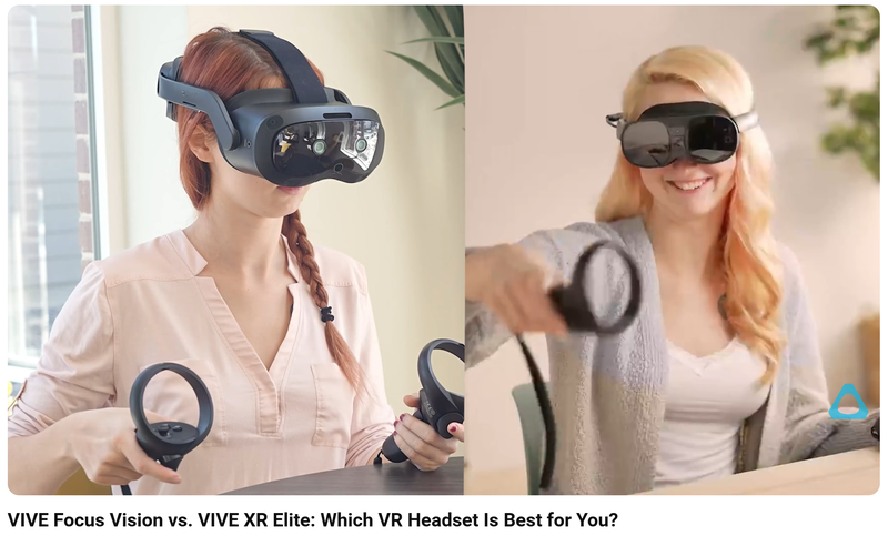 woman wearing VIVE Focus Vision headset next to woman wearing XR Elite headset
