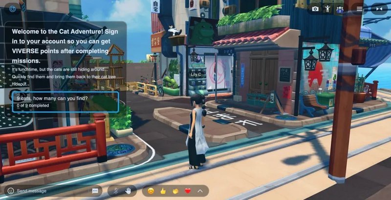 VIVERSE Pet Rescuse featuring a colorful street with Japanese-style buildings and signs.