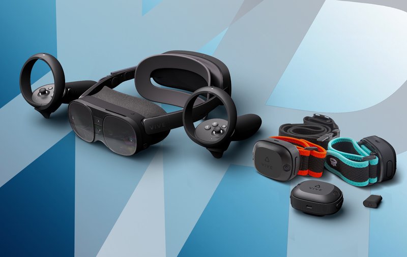 VIVE XR Elite + VIVE Ultimate Tracker Bundle, including VR headset and controllers, three trackers, and a dongle