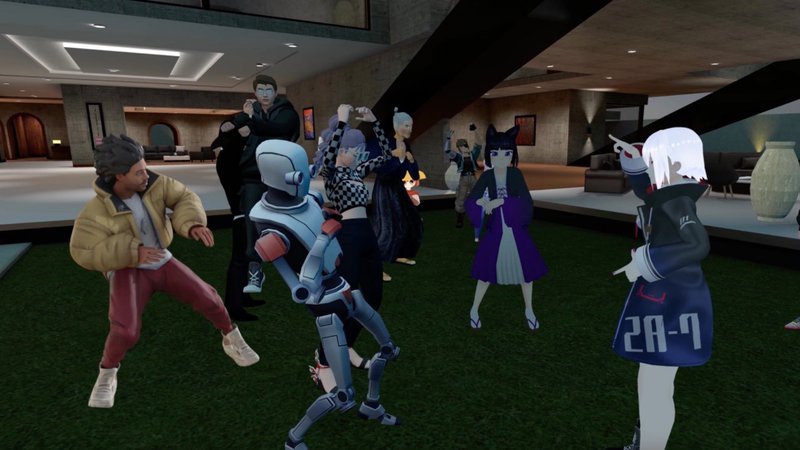 VRM avatars dancing in a circle in a VRChat metaverse world.