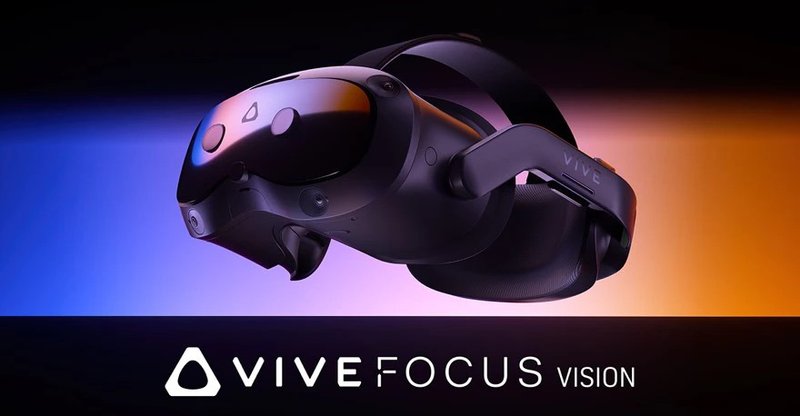 VR headset with reflective lenses on a gradient background, labeled Vive Focus Vision.