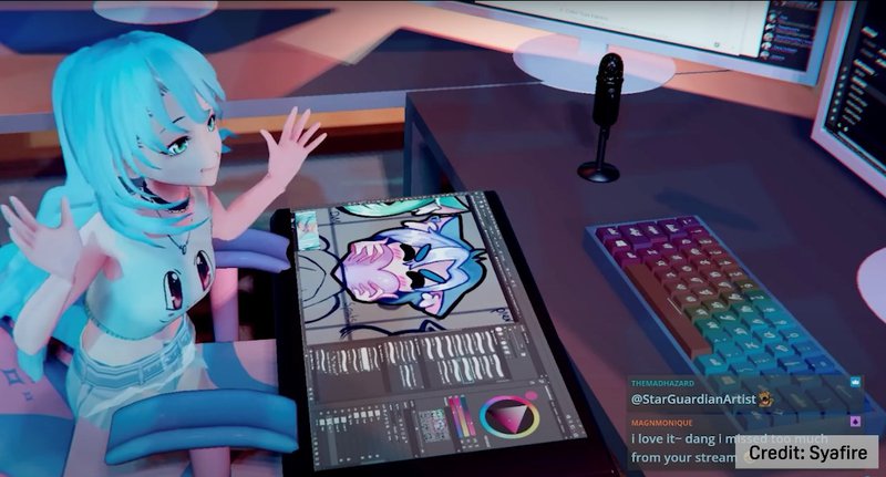 VTuber Syafire’s 3D avatar live streaming for her fans sitting in front of her virtual keyboard, mic, and desktop PC in VR.