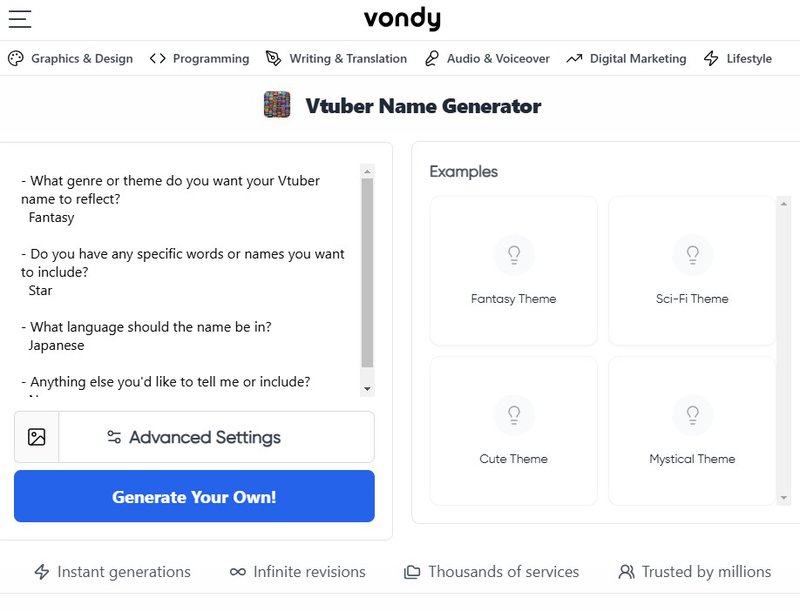 Screenshot of a VTuber Name Generator interface by Vondy, showing options for genre, specific words, and language preferences.