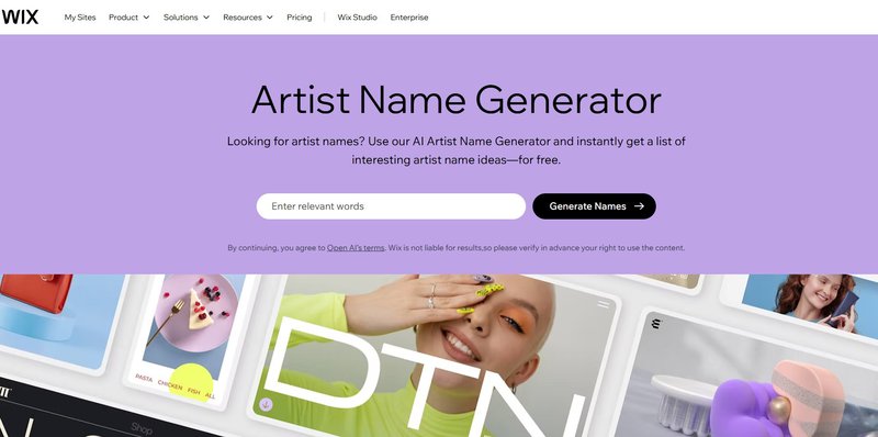 Screenshot of a webpage featuring an "Artist Name Generator" by Wix.