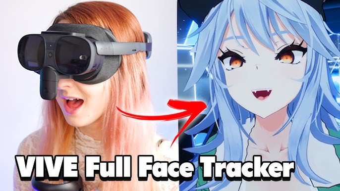 Woman and her VRChat avatar making synchronized eye movements using VIVE XR Elite VR headset with VIVE Full Face Tracker accessory.