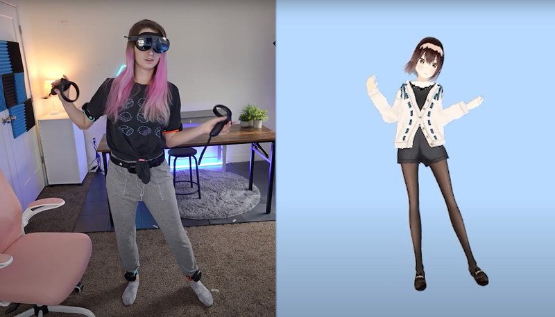 Woman enjoying full-body tracking with VIVE XR Elite, VIVE Ultimate Trackers, and VIVE XR Elite controllers next to her VRM avatar.