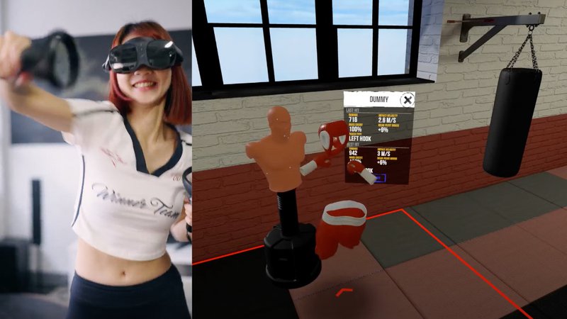 A woman wearing the HTC VIVE XR Elite headset and performing a boxing workout in VR