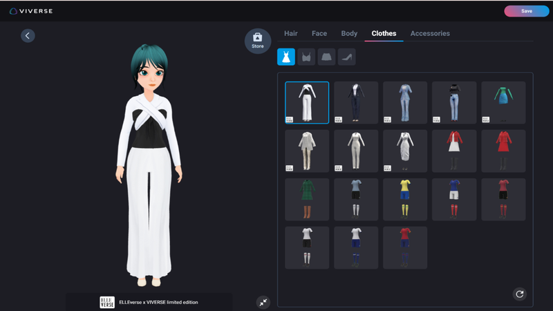haracter avatar maker showing different virtual clothing options in VIVERSE.png
