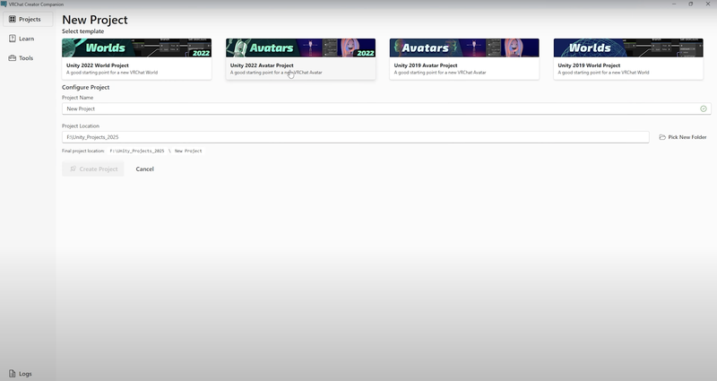 VRChat Creator Companion interface showing how to start a new project.