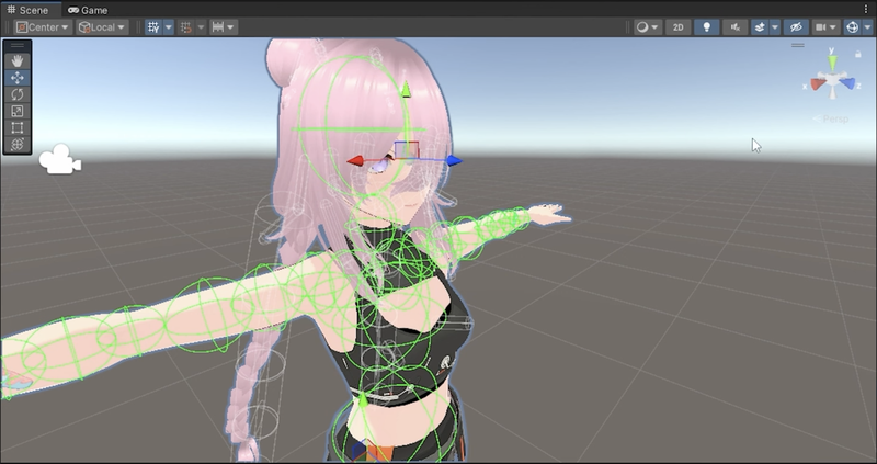 Avatar model in Unity with its viewpoint position and orientation being adjusted.