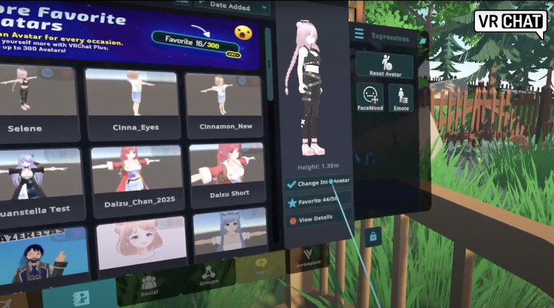 Avatar being selected from avatar menu in VRChat.
