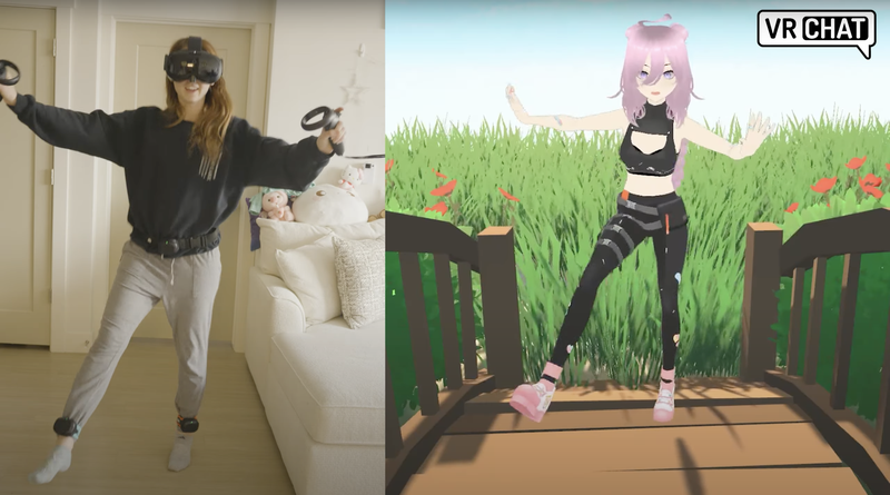Person wearing VIVE Ultimate Trackers for full-body tracking in VR.